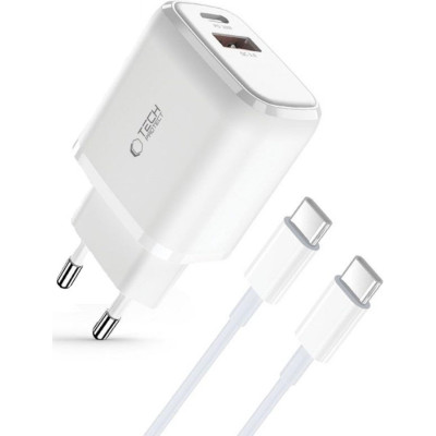 Φορτιστής Tech-Protect C20W Αντάπτορας με 1 x USB-A / 1 x Type-C 20W & 1 x Καλώδιο Type-C σε Type-C 100cm - White (9490713930373)