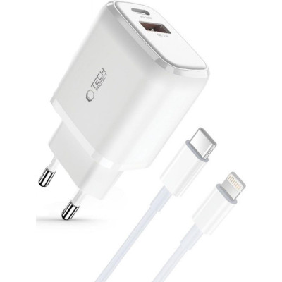 Φορτιστής Tech-Protect C20W Αντάπτορας με 1 x USB-A / 1 x Type-C 20W & 1 x Καλώδιο Type-C σε Lightning 100cm - White (9490713929124)