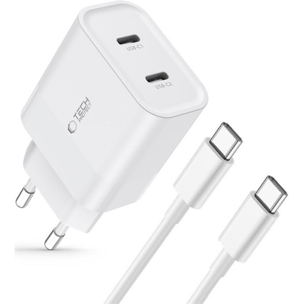 Φορτιστής Tech-Protect C20W Αντάπτορας με 2 x Type-C 20W & 1 x Καλώδιο Type-C σε Type-C 100cm - White (9319456607291)