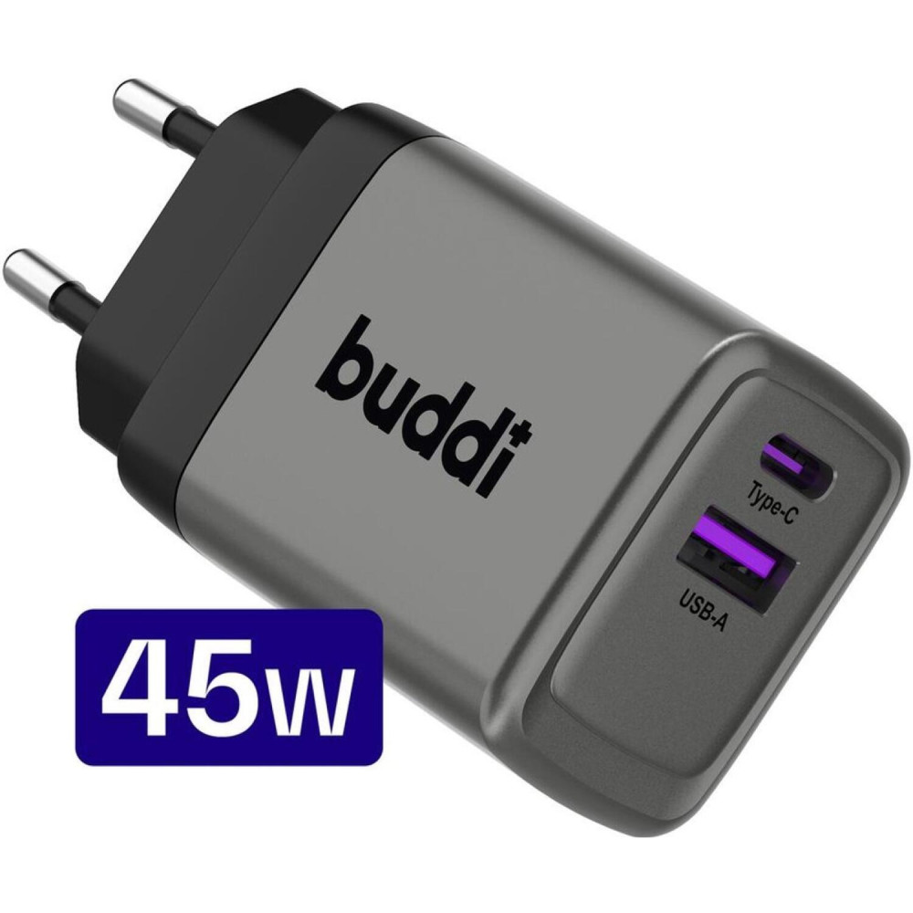 Φορτιστής Buddi Power GaN Γρήγορος Ταξιδιού / Αντάπτορας με 1 x USB-A / 1 x Type-C 45W 5 Έτη Εγγύηση - Grey (8719246476501)