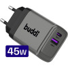 Φορτιστής Buddi Power GaN Γρήγορος Ταξιδιού / Αντάπτορας με 1 x USB-A / 1 x Type-C 45W 5 Έτη Εγγύηση - Grey (8719246476501)