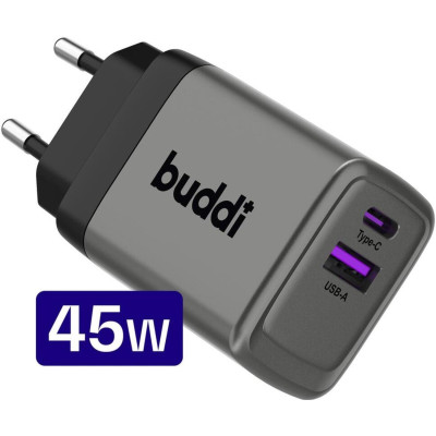 Φορτιστής Buddi Power GaN Γρήγορος Ταξιδιού / Αντάπτορας με 1 x USB-A / 1 x Type-C 45W 5 Έτη Εγγύηση - Grey (8719246476501)