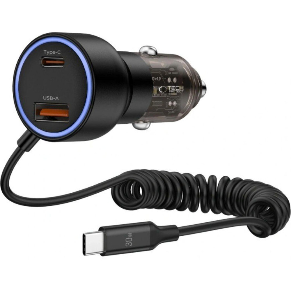 Φορτιστής Αυτοκινήτου Tech-Protect CC05 με Θύρες 1 x USB-A / 1 x Type-C & 1 x Ενσωματωμένο Καλώδιο Type-C 60W - Black (5906302361717)