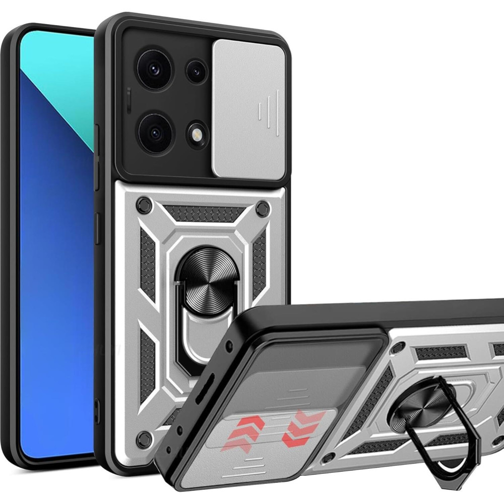 Θήκη Xiaomi Redmi Note 14S Bodycell Armor Slide Ανθεκτική με Κάλυμμα για την Κάμερα & Μεταλλικό Ring Holder - Silver (5206015082733)