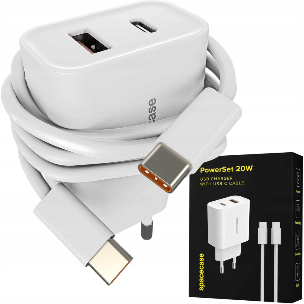 Φορτιστής Spacecase PS20W-12 PowerSet 20W Αντάπτορας με 1 x Type-C / 1 x USB-A 20W & 1 x Καλώδιο Type-C σε Type-C 100cm - White (5905719129552)