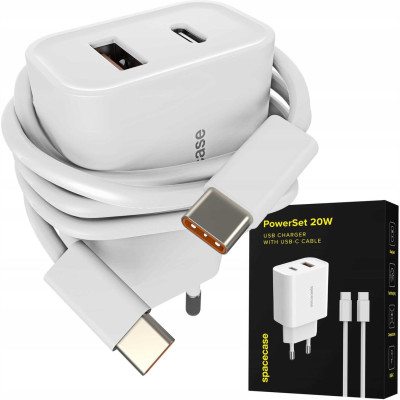 Φορτιστής Spacecase PS20W-12 PowerSet 20W Αντάπτορας με 1 x Type-C / 1 x USB-A 20W & 1 x Καλώδιο Type-C σε Type-C 100cm - White (5905719129552)