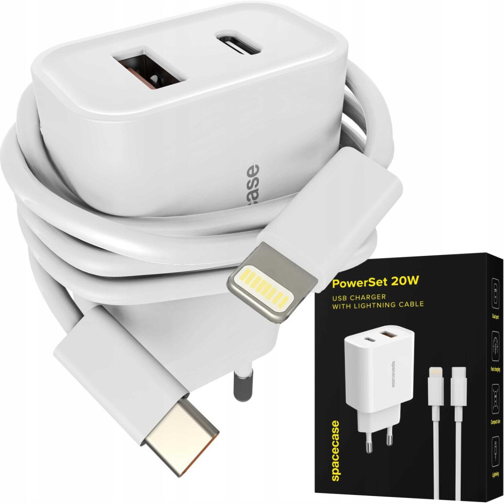 Φορτιστής Spacecase PS20W-11 PowerSet 20W Αντάπτορας με 1 x Type-C / 1 x USB-A 20W & 1 x Καλώδιο Type-C σε Lightning 100cm - White (5905719129545)