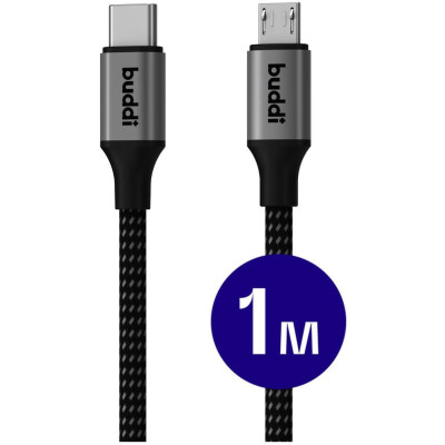 Καλώδιο Buddi Flex Φόρτισης και Μεταφοράς Δεδομένων Type-C σε MicroUSB 100cm 12W 5 Έτη Εγγύηση - Black (8719246467257)