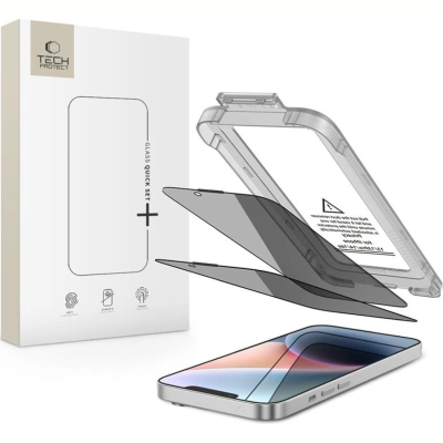 Tempered Glass iPhone 16e / 14 / 13 / 13 Pro Tech-Protect Quick Set Spy+ Privacy Full Face Αντιχαρακτικό Γυαλί Προστασίας Απορρήτου Οθόνης 2 Τεμάχια - Black (5906302318759)