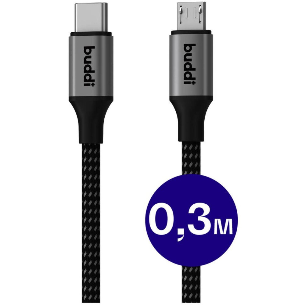 Καλώδιο Buddi Flex Φόρτισης και Μεταφοράς Δεδομένων Type-C σε MicroUSB 30cm 12W 5 Έτη Εγγύηση - Black (8719246467240)