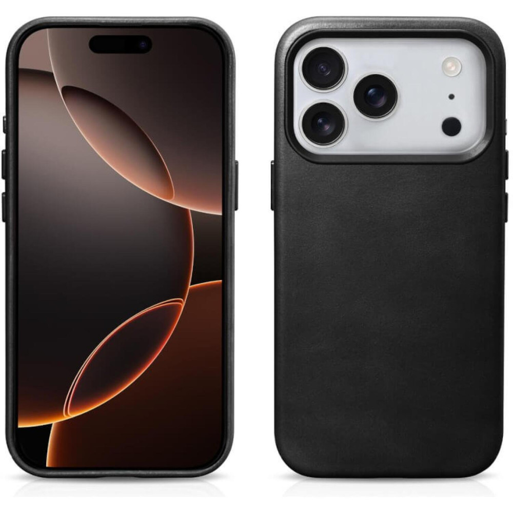 Θήκη iPhone 17 Pro Max iCarer Leather Back Case With Camera Button Δερμάτινη με MagSafe & Μεταλλικό Πλαίσιο Κάμερας - Black (WMI17250704-BK)