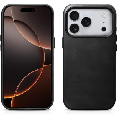 Θήκη iPhone 17 Pro Max iCarer Leather Back Case With Camera Button Δερμάτινη με MagSafe & Μεταλλικό Πλαίσιο Κάμερας - Black (WMI17250704-BK)