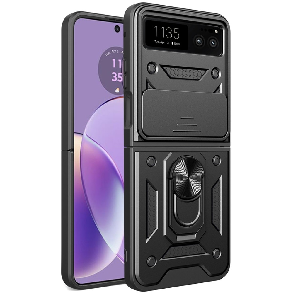 Ανθεκτική Θήκη με Κάλυμμα για την Κάμερα & Μεταλλικό Ring Holder - Motorola Razr 40 - Techsuit CamShield - Black (5949419069206)