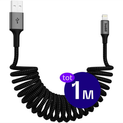 Καλώδιο Buddi Flex Ελαστικό Σπιράλ Φόρτισης και Μεταφοράς Δεδομένων USB-A σε Lightning 100cm 12W 5 Έτη Εγγύηση - Black (8719246467189)