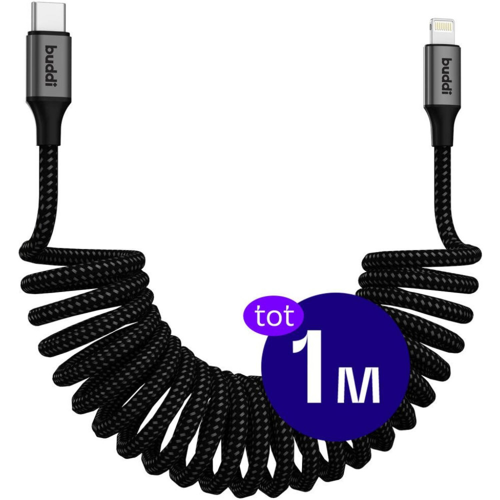 Καλώδιο Buddi Flex Ελαστικό Σπιράλ Φόρτισης και Μεταφοράς Δεδομένων Type-C σε Lightning 100cm 20W 5 Έτη Εγγύηση - Black (8719246467196)