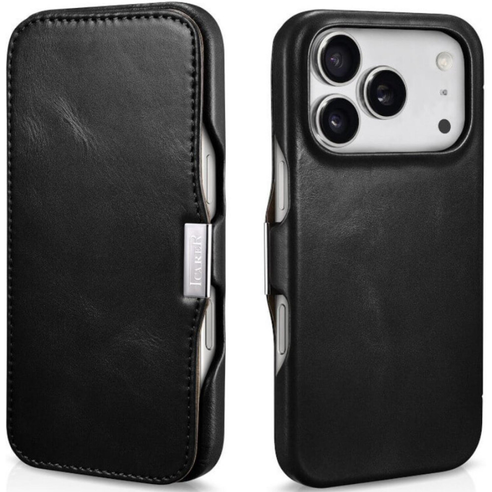 Θήκη iPhone 17 Pro iCarer Vintage Series Side-Open Flip Σκληρή Δερμάτινη με MagSafe - Black (WMI17250801-BK)