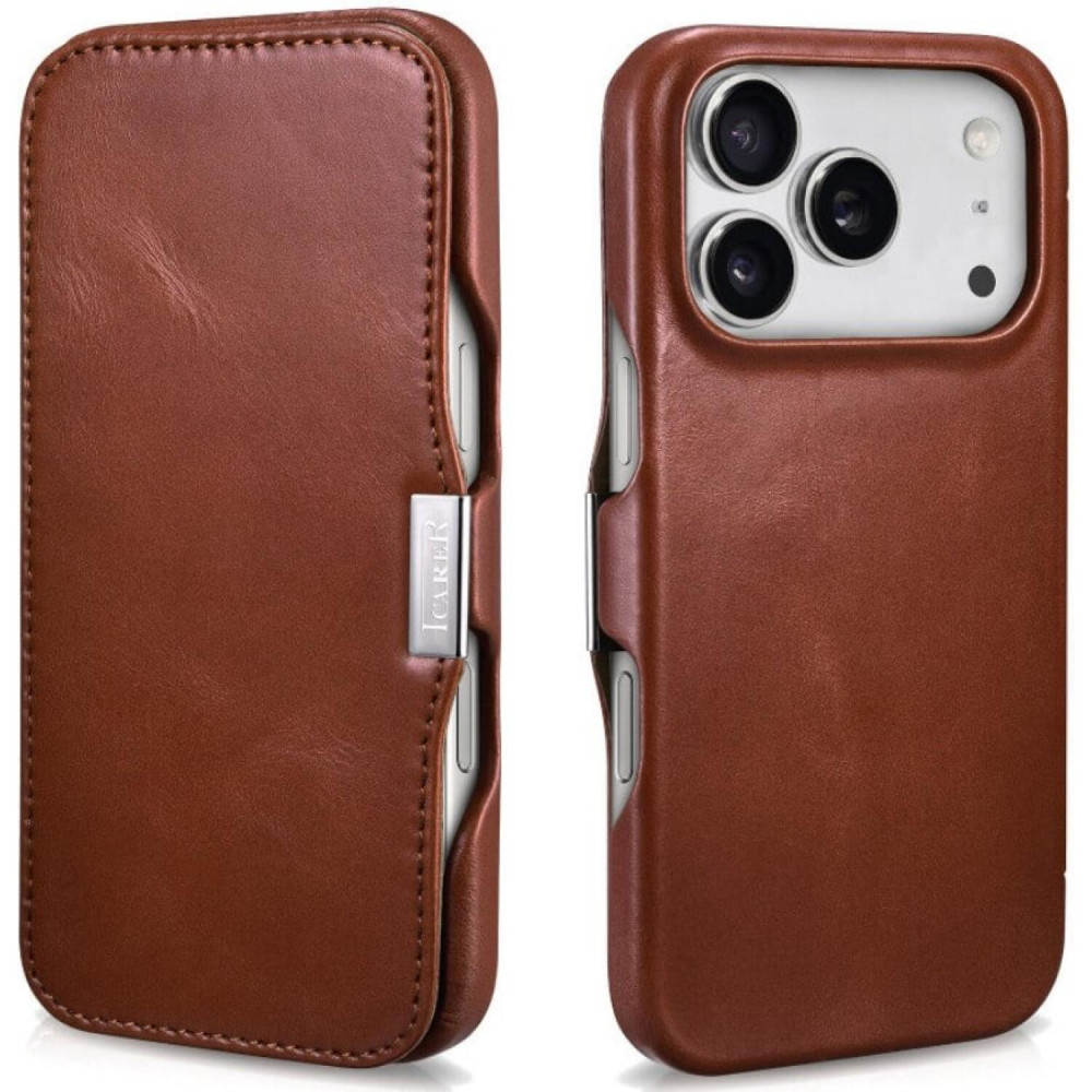 Θήκη iPhone 17 Pro iCarer Vintage Series Side-Open Flip Σκληρή Δερμάτινη με MagSafe - Retro Brown (WMI17250801-SN)