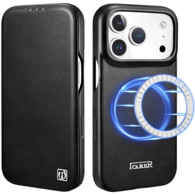 Θήκη iPhone 17 Pro Max iCarer Curved Edge Leather Folio with Magsafe Δερμάτινη Flip με MagSafe - Black (KJIP17250702-BK)