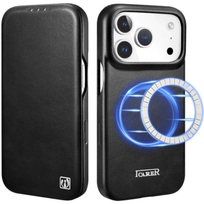 Θήκη iPhone 17 Pro iCarer Curved Edge Leather Folio with Magsafe Δερμάτινη Flip με MagSafe - Black (KJIP17250701-BK)