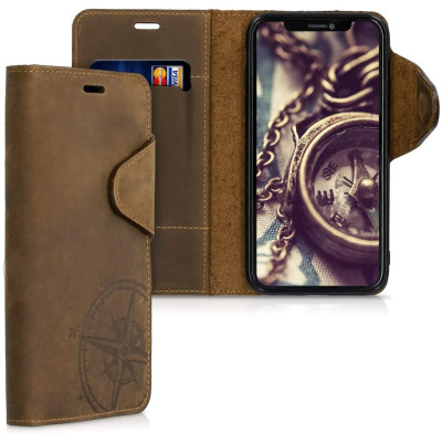 Kalibri Δερμάτινη Suede Θήκη Πορτοφόλι Apple iPhone 11 - Navigational Compass / Brown (49808.01)