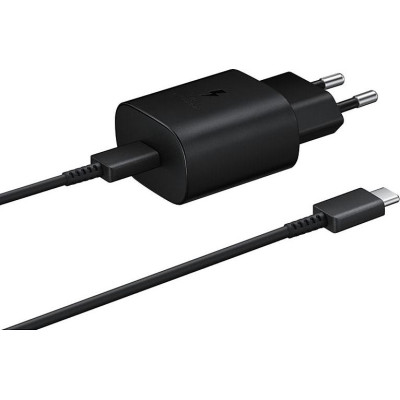 Official Samsung Φορτιστής Ταξιδιού Type - C σε Type - C με Καλώδιο Fast Charge - 100cm - 25W - Black (EP-TA800XBEGWW)