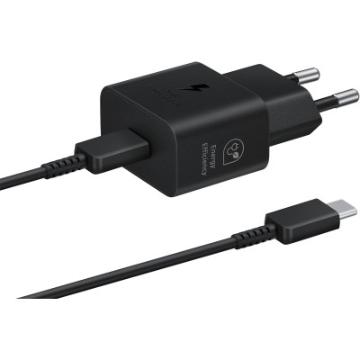 Official Samsung T2510 Fast Travel Charger - Ταχυφορτιστής Ταξιδιού / Αντάπτορας με 1 Θύρα x Type-C & Καλώδιο Φόρτισης Type-C σε Type-C - 100cm - 25W - Black (EP-T2510XBEGEU)