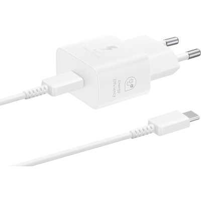 Official Samsung T2510 Fast Travel Charger - Ταχυφορτιστής Ταξιδιού / Αντάπτορας με 1 Θύρα x Type-C & Καλώδιο Φόρτισης Type-C σε Type-C - 100cm - 25W - White (EP-T2510XWEGEU)