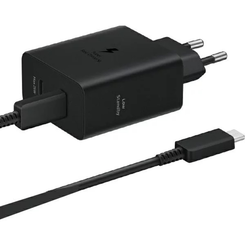 Official Samsung Fast GaN Travel Charger - Ταχυφορτιστής Τοίχου / Αντάπτορας με 2 x Θύρες Type-C & Καλώδιο Φόρτισης Type-C σε Type-C - 180cm - 50W - Black (EP-T5020XBEGEU)