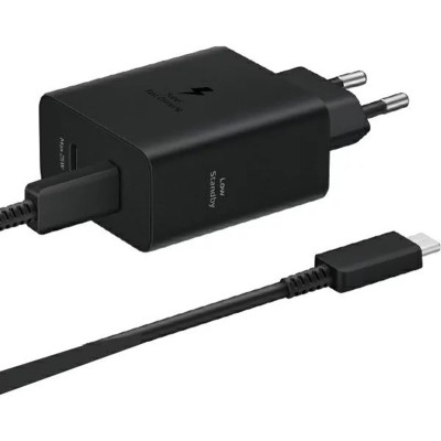 Official Samsung Fast GaN Travel Charger - Ταχυφορτιστής Τοίχου / Αντάπτορας με 2 x Θύρες Type-C & Καλώδιο Φόρτισης Type-C σε Type-C - 180cm - 50W - Black (EP-T5020XBEGEU)