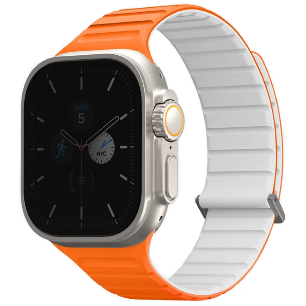 Λουράκι Apple Watch Ultra/SE/11/10/9/8/7/6/5/4 (49/46/45/44mm) - Uniq Revix Evo Αναστρέψιμο Μαγνητικό από Premium Σιλικόνη - Amber Orange / White (UNIQ-49MM-REVEAORGWHT)