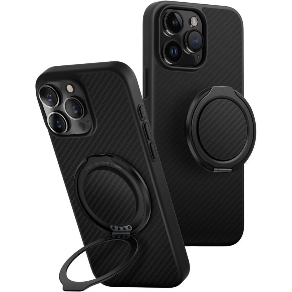 Θήκη iPhone 16 Pro Max Uniq Keva Air + GripFit Σετ Ανθεκτική MagSafe Aramid Fiber με Μαγνητική Βάση / Finger Holder - Carbon Black (UNIQ-IP6.9P(2024)-KAGPBCB)