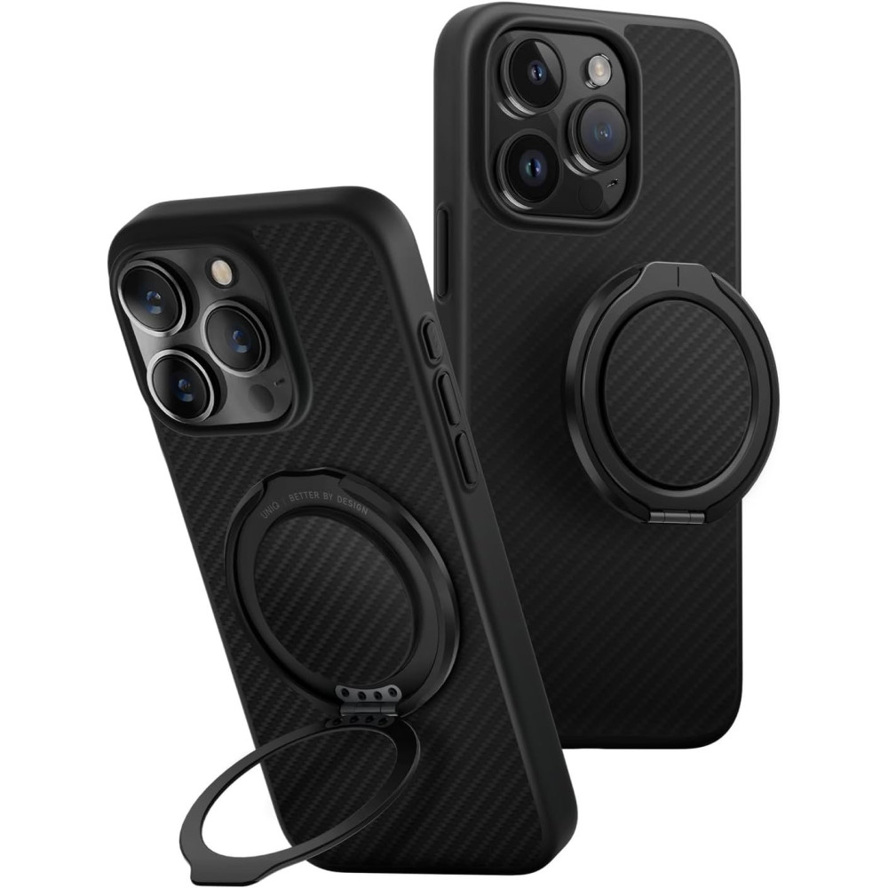 Θήκη iPhone 16 Pro Uniq Keva Air + GripFit Σετ Ανθεκτική MagSafe Aramid Fiber με Μαγνητική Βάση / Finger Holder - Carbon Black (UNIQ-IP6.3P(2024)-KAGPBCB)