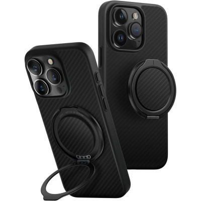Θήκη iPhone 16 Pro Uniq Keva Air + GripFit Σετ Ανθεκτική MagSafe Aramid Fiber με Μαγνητική Βάση / Finger Holder - Carbon Black (UNIQ-IP6.3P(2024)-KAGPBCB)