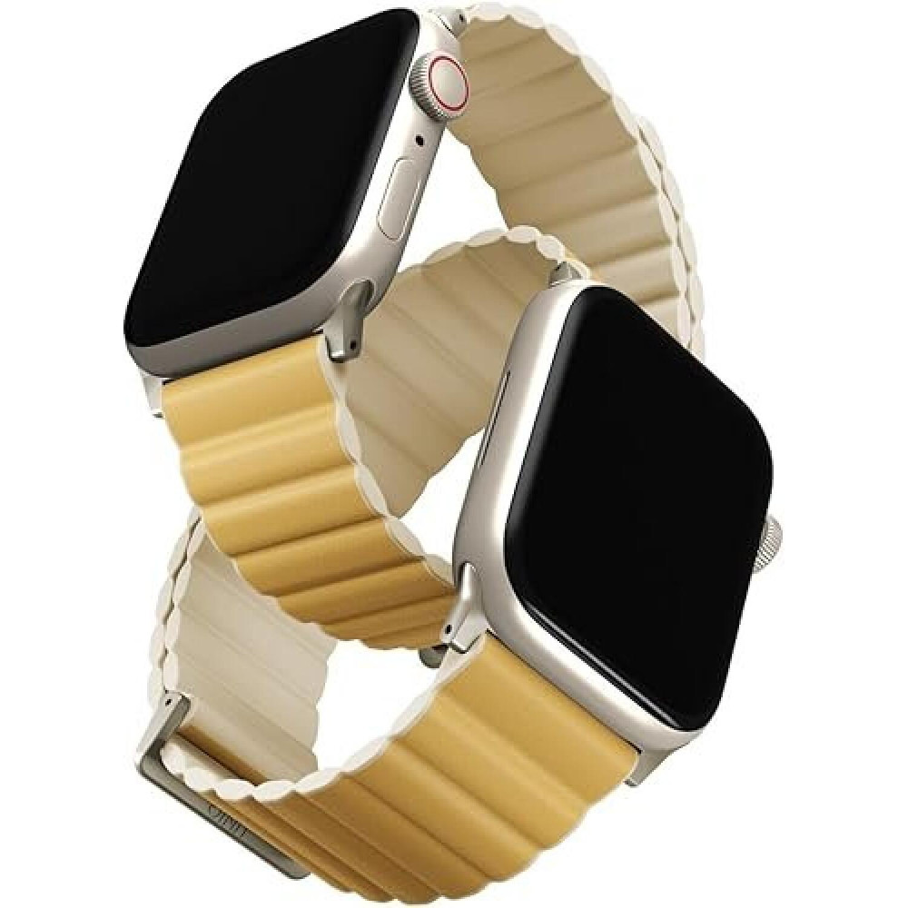 Λουράκι Apple Watch Ultra/SE/11/10/9/8/7/6/5/4 (49/46/45/44mm) Uniq Revix Premium Edition Αναστρέψιμο Μαγνητικό από Premium Σιλικόνη & Δέρμα - Canary Yellow / Ivory (UNIQ-45MM-REVPCYELIVY)