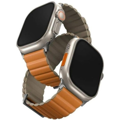 Λουράκι Apple Watch Ultra/SE/11/10/9/8/7/6/5/4 (49/46/45/44mm) Uniq Revix Premium Edition Αναστρέψιμο Μαγνητικό από Premium Σιλικόνη & Δέρμα - Saffron Orange / Khaki (UNIQ-45MM-REVPSORGKAK)