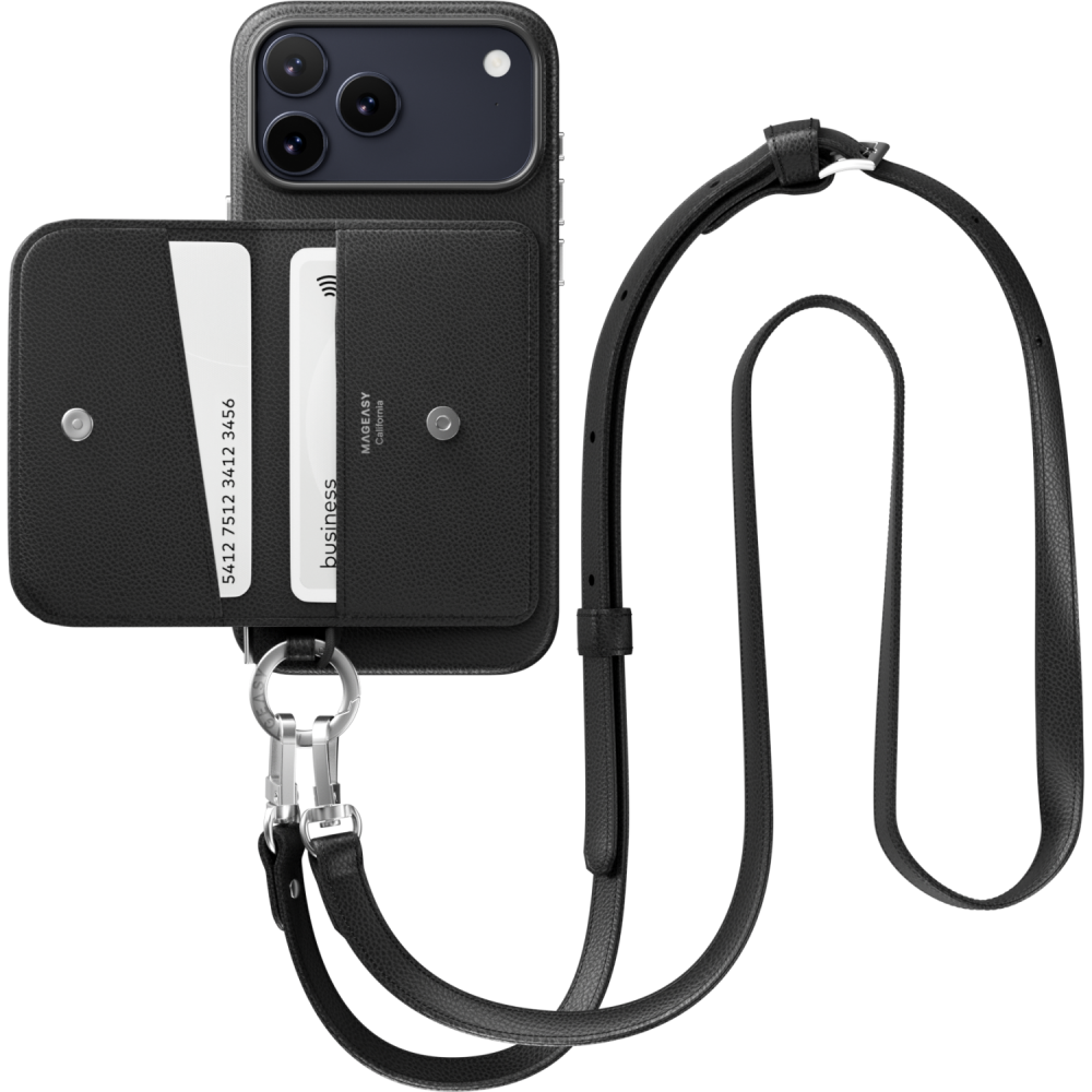 Θήκη iPhone 17 Pro Max MagEasy Pouch M με MagSafe / Αποσπώμενο Πορτοφόλι & Λουράκι Λαιμού - Black (MPH17M264BK25)