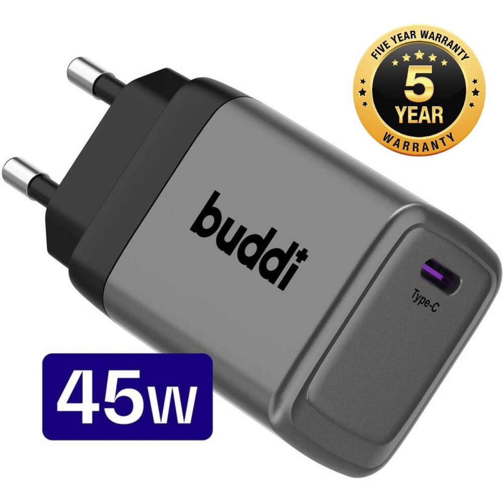 Φορτιστής Buddi Power Fast Charger Γρήγορος Αντάπτορας με 1 x Type-C 45W 5 Έτη Εγγύηση - Grey (8719246476495)