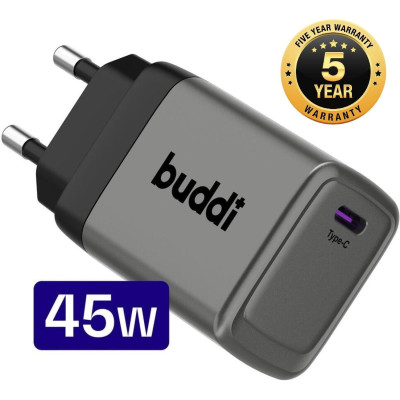 Φορτιστής Buddi Power Fast Charger Γρήγορος Αντάπτορας με 1 x Type-C 45W 5 Έτη Εγγύηση - Grey (8719246476495)