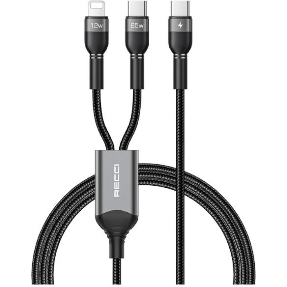Καλώδιο Type-C Recci Skyline RTC-T16 2 in 1 Φόρτισης & Μεταφοράς Δεδομένων σε Type-C 65W / Lightning 2.4A 120cm - Grey (6955482522448)
