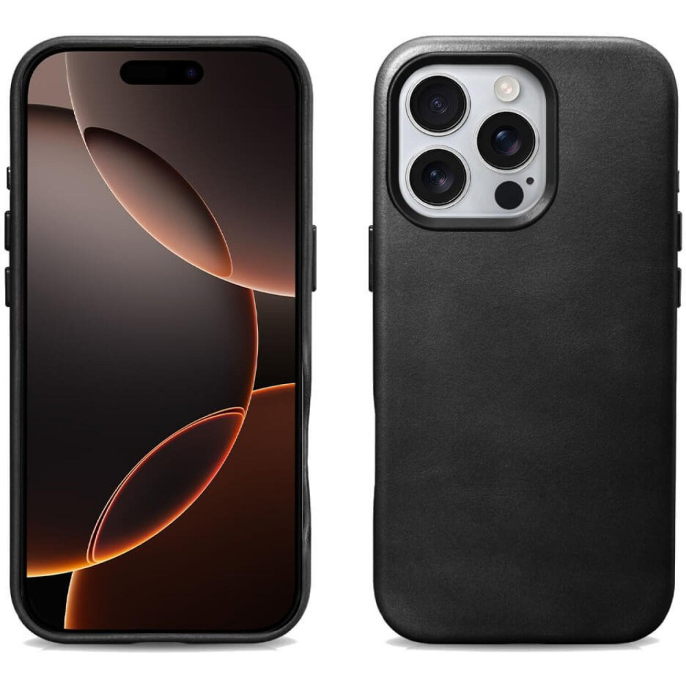 Θήκη iPhone 16 Pro iCarer Leather Back Case With Camera Button Δερμάτινη με MagSafe & Μεταλλικό Πλαίσιο Κάμερας - Black (WMI16240702-BK)