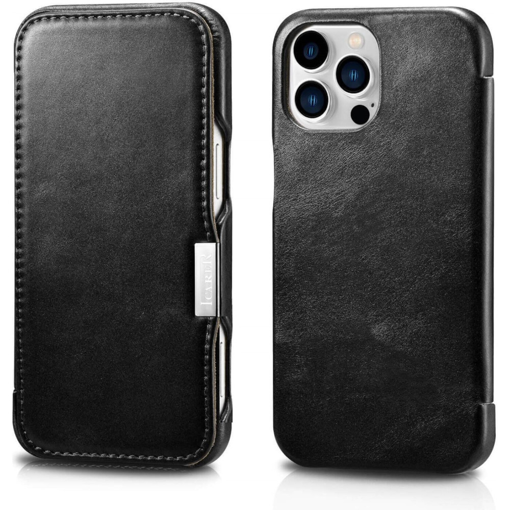 Θήκη iPhone 16 Pro iCarer Vintage Series Side-Open Flip Σκληρή Δερμάτινη με MagSafe - Black (WMI16240714-BK)