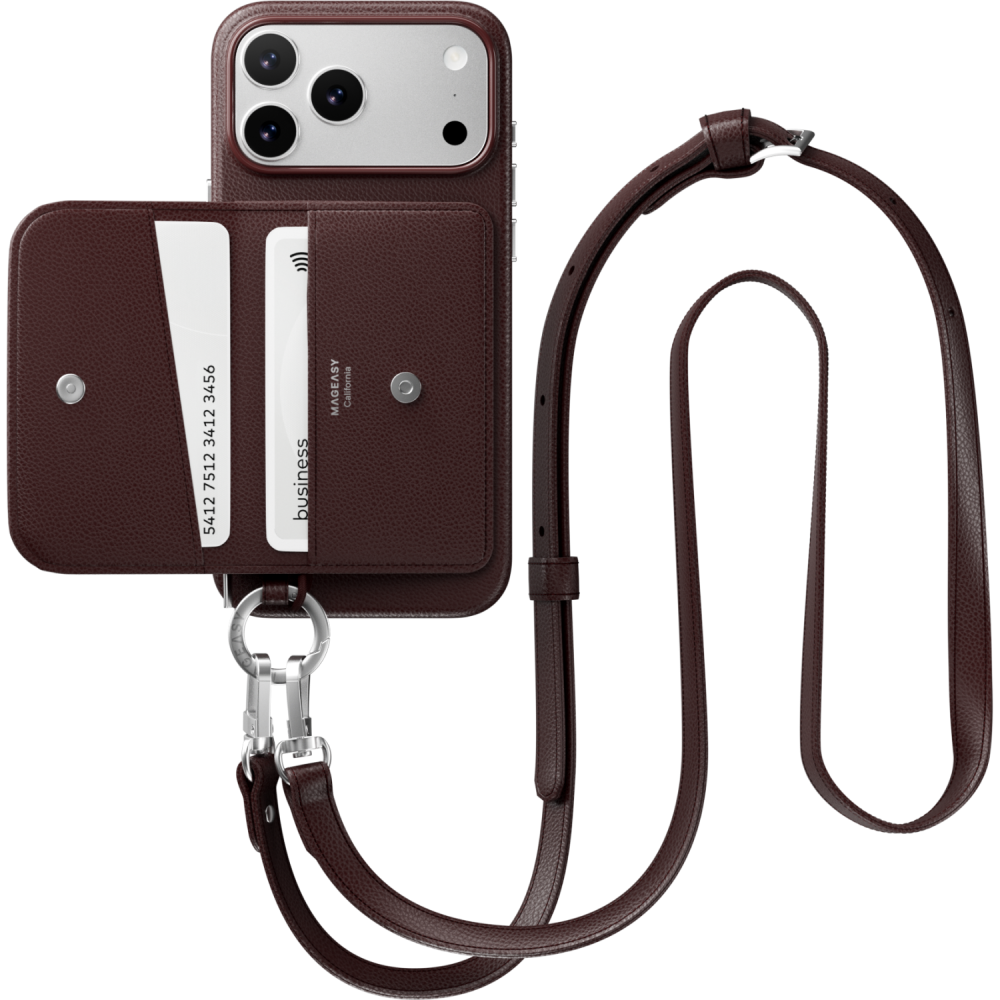 Θήκη iPhone 17 Pro Max MagEasy Pouch M με MagSafe / Αποσπώμενο Πορτοφόλι & Λουράκι Λαιμού - Burgundy (MPH17M264BY25)