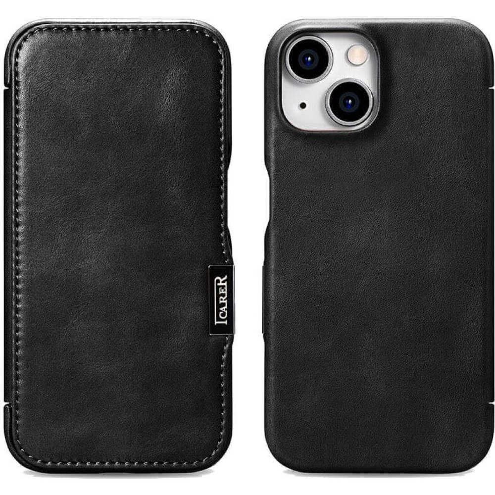 Θήκη iPhone 15 iCarer Vintage Series Side-Open Flip Σκληρή Δερμάτινη με MagSafe - Black (WMI15230613-BK)