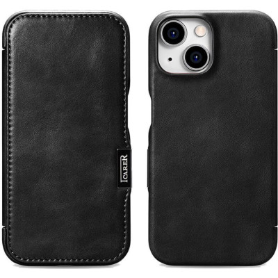 Θήκη iPhone 15 iCarer Vintage Series Side-Open Flip Σκληρή Δερμάτινη με MagSafe - Black (WMI15230613-BK)