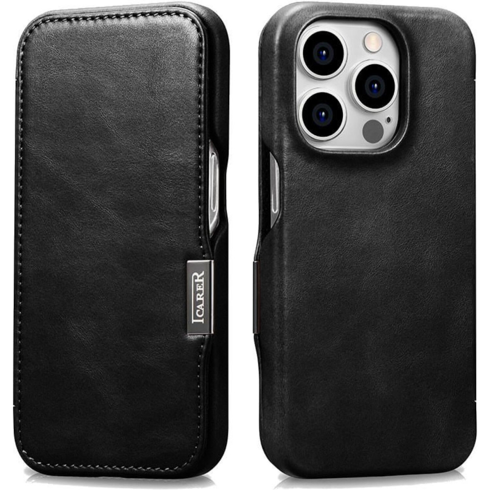 Θήκη iPhone 15 Pro iCarer Vintage Series Side-Open Flip Σκληρή Δερμάτινη με MagSafe - Black (WMI15230614-BK)