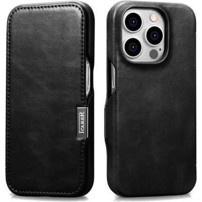 Θήκη iPhone 15 Pro iCarer Vintage Series Side-Open Flip Σκληρή Δερμάτινη με MagSafe - Black (WMI15230614-BK)
