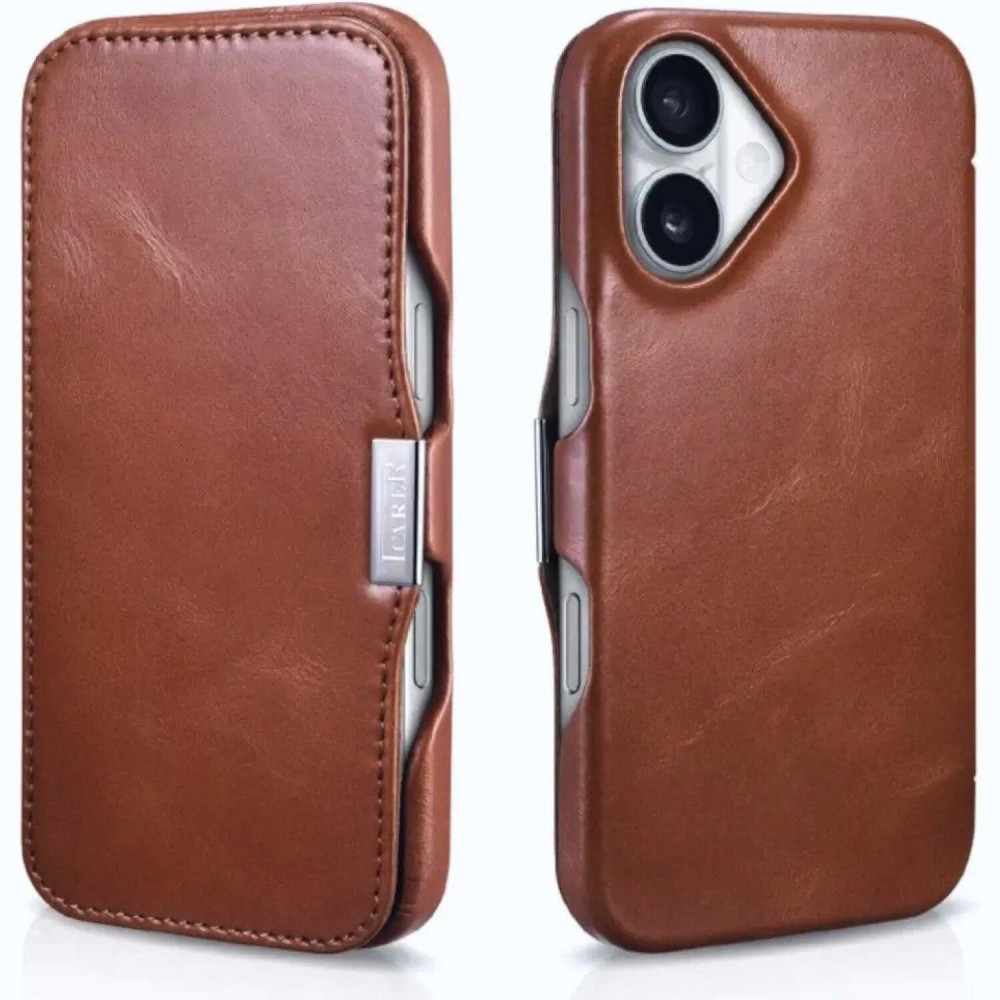 Θήκη iPhone 16 iCarer Vintage Series Side-Open Flip Σκληρή Δερμάτινη με MagSafe - Retro Brown (WMI16240713-SN)