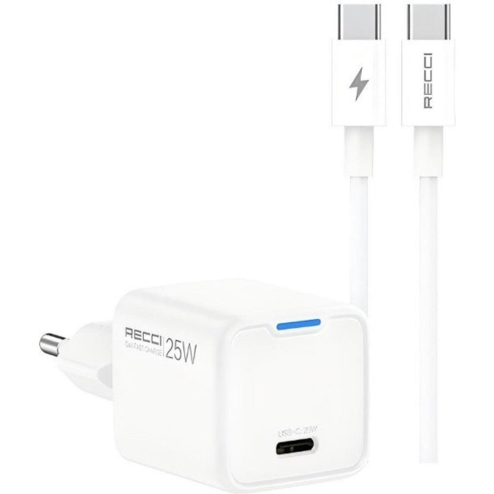 Φορτιστής Recci RC106E GaN Αντάπτορας με 1 x Type-C 25W & 1 x Καλώδιο Type-C σε Type-C 100cm - White (6955482532478)