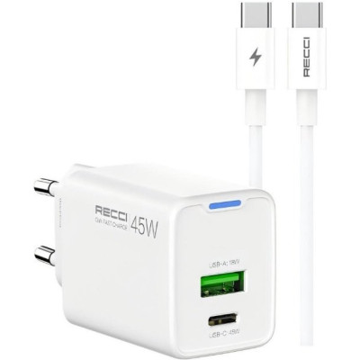 Φορτιστής Recci RC108E GaN Αντάπτορας με 1 x Type-C 45W / 1 x USB-A 18W & 1 x Καλώδιο Type-C σε Type-C 100cm - White (6955482532492)