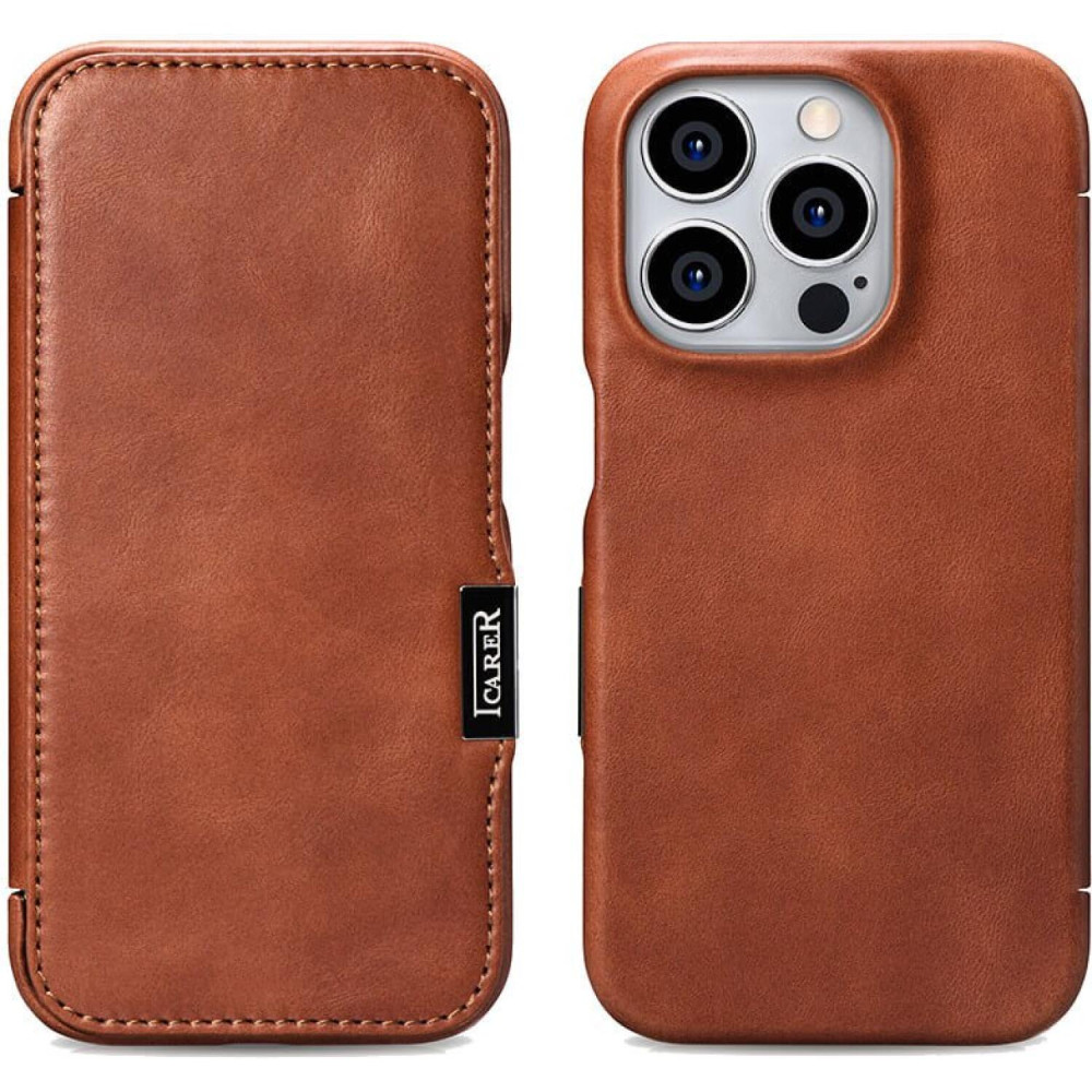 Θήκη iPhone 15 Pro iCarer Vintage Series Side-Open Flip Σκληρή Δερμάτινη με MagSafe - Retro Brown (WMI15230614-SN)